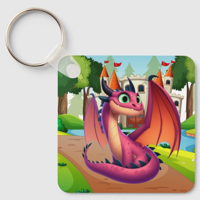 Chaveiro Dragão de desenho animado roxo/vermelho (Frente)