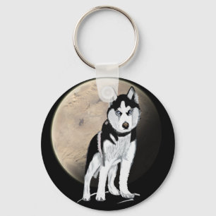 Chaveiro Dramático Husky Preto e Branco contra Lua Cheia