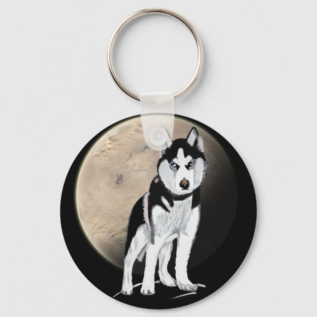 Chaveiro Dramático Husky Preto e Branco contra Lua Cheia (Frente)