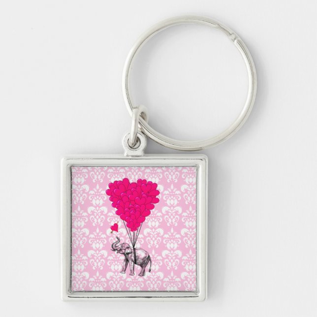 Chaveiro Elefante bonito engraçado & damasco cor-de-rosa (Frente)