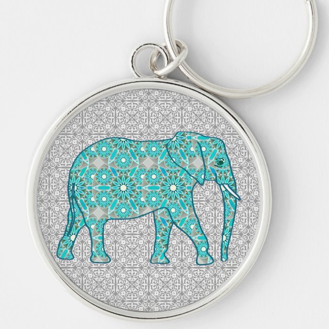 Chaveiro Elefante de flor de Mandala - turquesa, cinza e br (Frente)