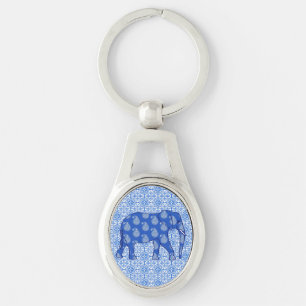 Chaveiro Elefante de Paisley - azuis cobaltos e branco