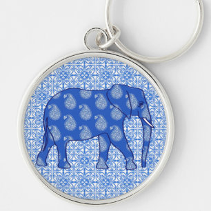 Chaveiro Elefante de Paisley - azul de cobalto e branco