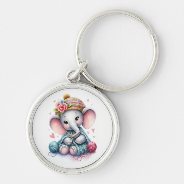 Chaveiro Elefante de tricotagem com aquarela (Frente)