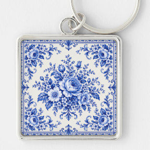 Chaveiro Elegância em Porcelana Vintage Floral Azul