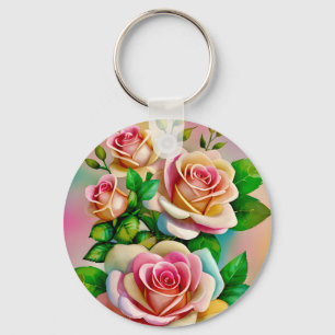 Chaveiro Elegância Rosas Rosa e Amarelo Aquarela Pastel