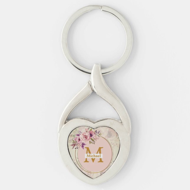 Chaveiro Elegant Floral Gold Monogram Heart, Name & Initial (Frente)