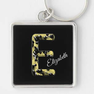 Chaveiro Elegant Gold Black Vintage Style Letter E Monogram