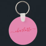 Chaveiro Elegant Pink Red Script Modern Name Personalized<br><div class="desc">This personalized round keychain features a custom name in red elegant script on a pink background, creating a simple yet stylish everyday accessory. Customize with a name to make a thoughtful gift for bridesmaids, bachelorette party favors, or bridal shower thank you gifts. Lightweight and easy to carry, it’s a practical...</div>