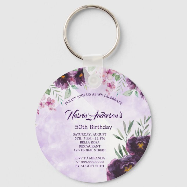 Chaveiro Elegant Purple Floral Birthday Invitation (Frente)