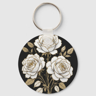 Chaveiro Elegant White & Gold Floral Rose Keychain – Luxury