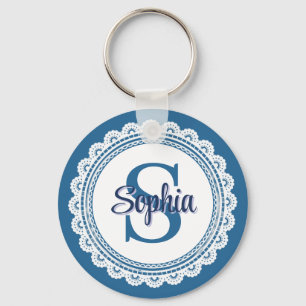 Chaveiro Elegante Azul Marinho Branco Monograma Nome
