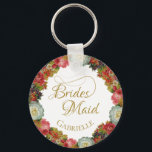 Chaveiro Elegante Bridesmaid Favor Vintage Autumn Floral<br><div class="desc">Esta bela cadeia de chaves foi concebida como um presente ou um favor para as suas damas de honra. Apresenta uma borda de rosas de safra em cores do outono, incluindo cor rosa-coral, vermelho, laranja e ameixa. O texto é um elegante guião dourado com espirais herdadas. Há um lugar para...</div>