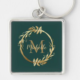 Chaveiro Elegante Emerald Green Dourado Wreath Name Monogra