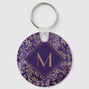 Chaveiro Elegante Estiloso Monograma de Folhas de Ouro Roxo