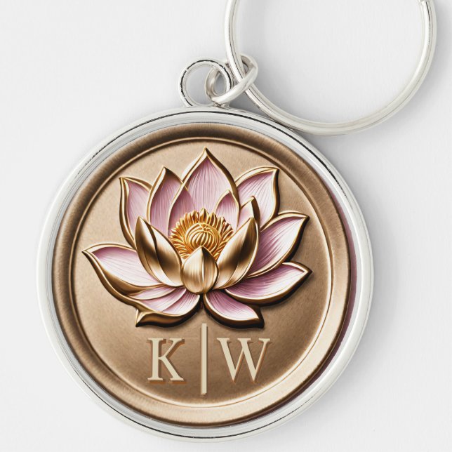 Chaveiro Elegante Falso 3D Dourado Lótus Rosa Monograma Dou (Frente)
