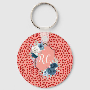 Chaveiro Elegante Floral Azul Poeirento e Corações Vermelho