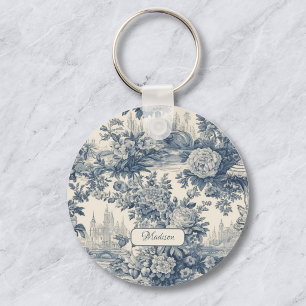 Chaveiro Elegante floral vintage monograma azul toile de jo