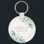Chaveiro Elegante Greenery Eucalyptus Dourado Bridesmaid<br><div class="desc">Elegante Greenery Eucalyptus Dourado Bridesmaid chaveiro. Folhas de eucalipto com aquarela e uma estrutura geométrica dourada.</div>