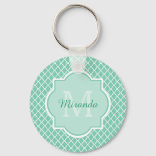 Chaveiro Elegante Mint Green Quatrefoil Monograma Com Nome