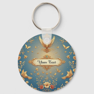 Chaveiro Elegante Moldura de Fenix Dourada Com Motivos Flor