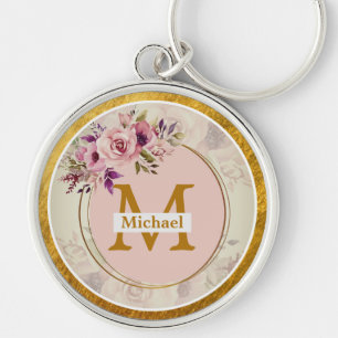 Chaveiro Elegante Monograma Dourado Floral Nome e Inicial