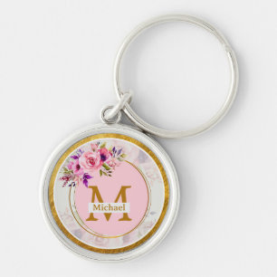 Chaveiro Elegante Monograma Dourado Floral Nome e Inicial