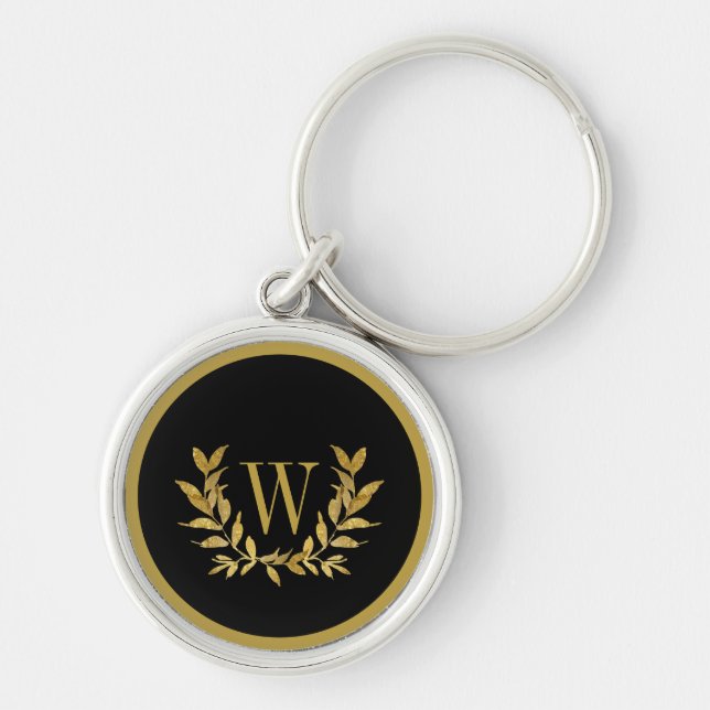 Chaveiro Elegante Monograma Moderno em Ouro Preto Chic (Frente)