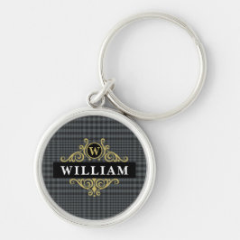 Chaveiro Elegante Monograma Preto e Dourado Glen Plaid
