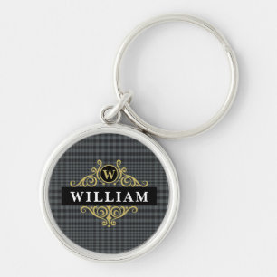 Chaveiro Elegante Monograma Preto e Dourado Glen Plaid