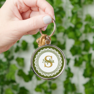 Chaveiro Elegante Nome Monograma em Renda Verde Oliva Vinta