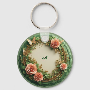 Chaveiro Elegante Quadro Floral Verde Com Rosas Pink