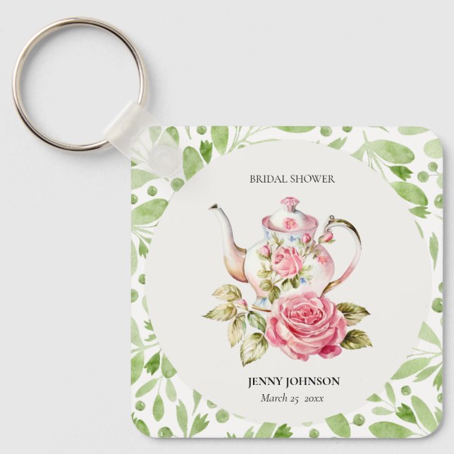 Chaveiro Elegante Rosa Verde Floral Flores Chá de Noiva (Frente)