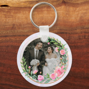 Chaveiro Elegante Senhor e Senhora Flores Rosa Bege Casamen