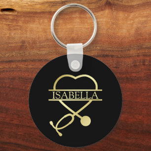 Chaveiro Elegante Stethoscope Black Dourado Add Name