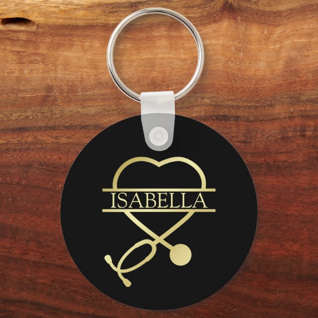 Chaveiro Elegante Stethoscope Black Dourado Add Name (Frente)
