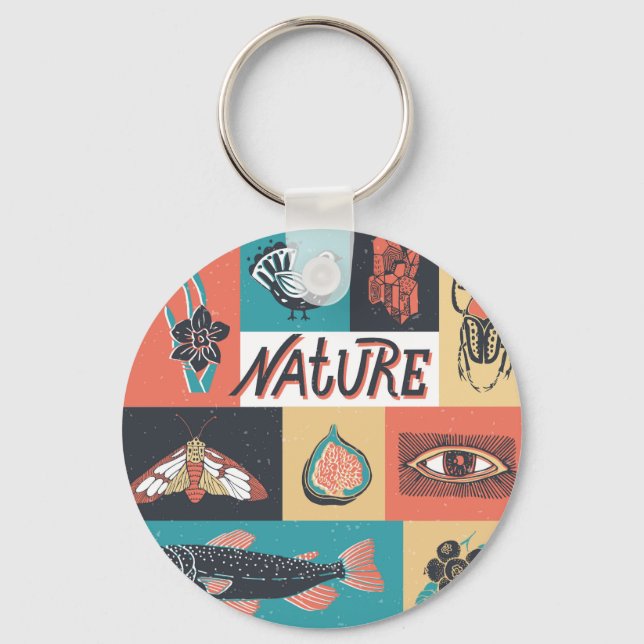 Chaveiro Elementos Natureza, Ícones de Estilo Retroativo. (Frente)