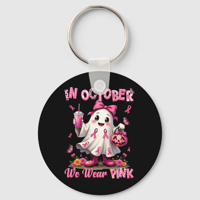 Chaveiro Em outubro, use camiseta fantasma rosa conscientiz (Frente)