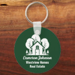 Chaveiro Empresa imobiliária da Floresta Verde Personalizad<br><div class="desc">Esta chaveiro de empresa imobiliária verde florestal é perfeitamente personalizada para um corretor especializado em casas perto da natureza selvagem ou da floresta. A silhueta branca de árvores atrás de uma cabana de madeira e personalizada com seu agente e nome comercial real para marketing no sertão.</div>