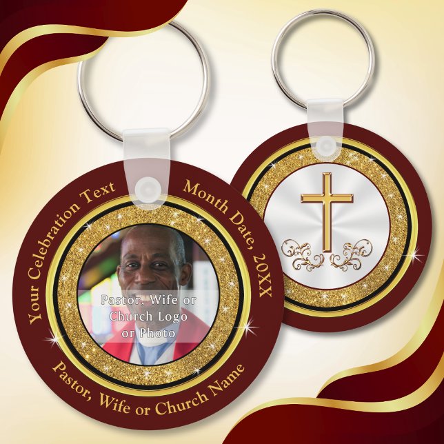 Chaveiro Encaro, Favoritos para o Aniversário da Igreja, (Inexpensive Church party favors. Personalized Photo Keychains. Small gifts for church members. Gold.)