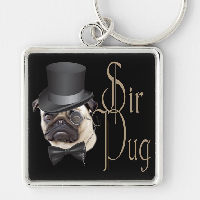 Chaveiro Engraçado, Grande Chapéu Monóculo Sir Pug Dog (Frente)