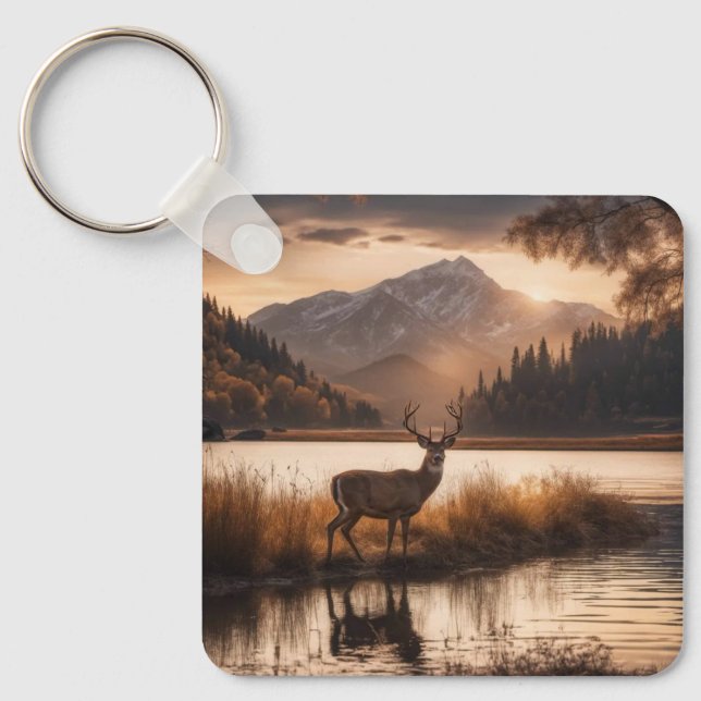 Chaveiro Enorme Deer em Corrida no Lago Montanha (Frente)