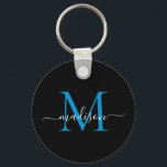 Chaveiro Escrita Moderna Elegante do Nome do Monograma Azul<br><div class="desc">Chaveiro de Script Moderno Elegante Elegante do Monograma Azul do Oceano Negro Simples</div>