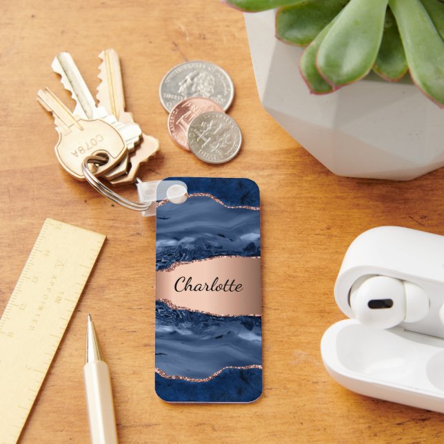 Chaveiro Escrito com rosa dourado de mármore azul (Mesa)