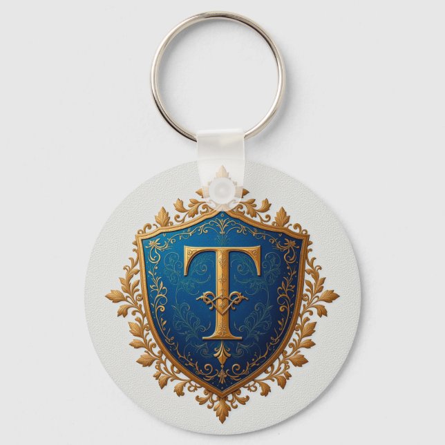 Chaveiro Escudo Heráldico Dourado Letra T Monograma Real ✨ (Frente)