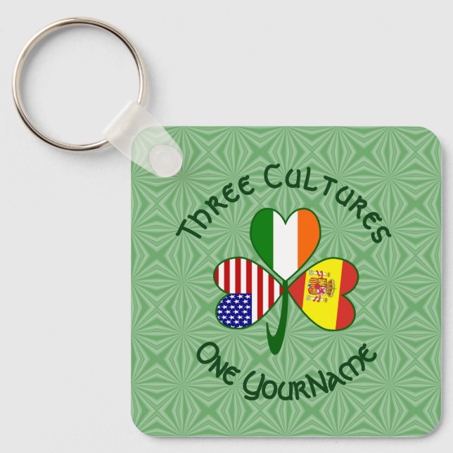 Chaveiro Espanha Ireland USA Flags Shamrock Seu Nome (Frente)