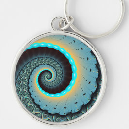 Chaveiro Espiral de Arte Fractal Laranja abstrato azul Turq