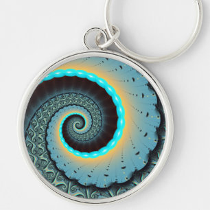 Chaveiro Espiral de Arte Fractal Laranja abstrato azul Turq