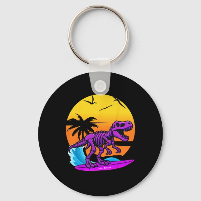 Chaveiro Esqueleto de T-rex Surfando Neon Com Retrospectiva (Frente)