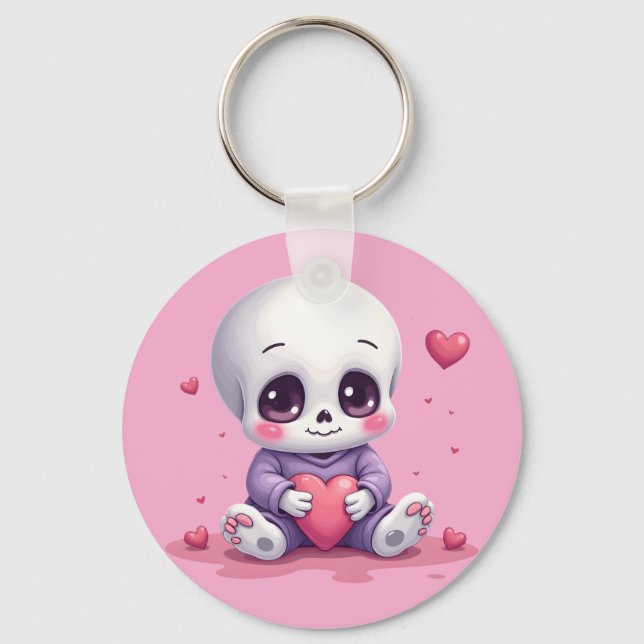 Chaveiro Esqueleto Kawaii Segurando Coração (Frente)